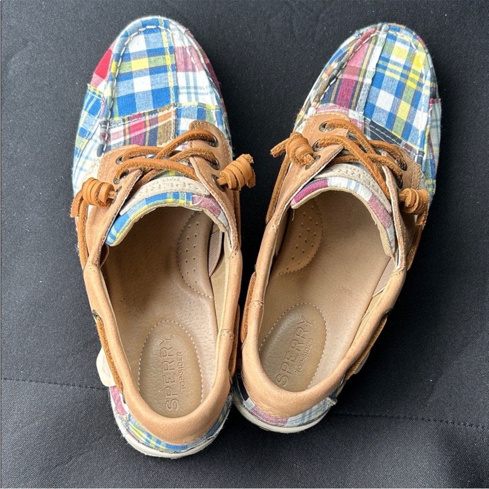 Sperry Multicolor Plaid Canvas Boat Shoes with Tan Leather Accents Women Size 7 - Picture 3 of 9
